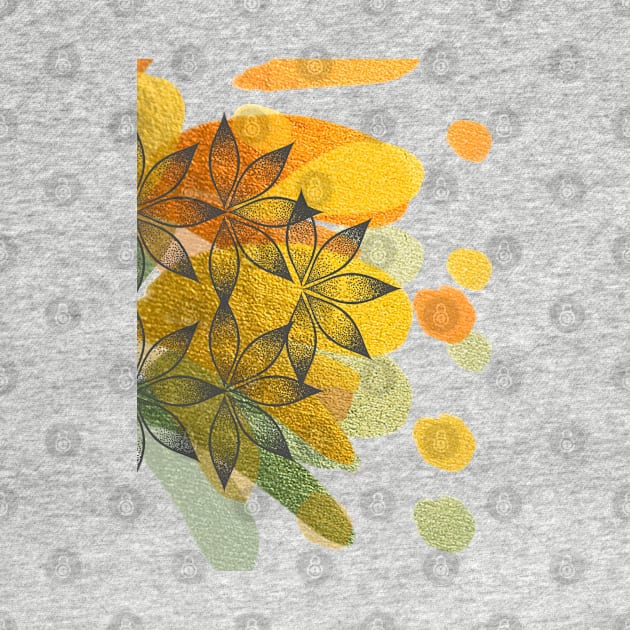 Multicoloured Floral design illustration pattern with gold green orange metallic paint splatter by Haze and Jovial